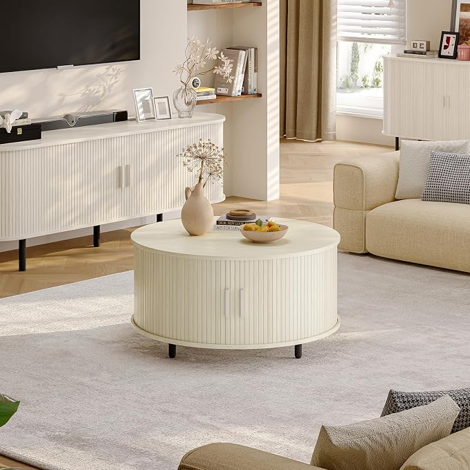 ONBRILL Round Coffee Table with Storage, 31.5" Modern Coffee Table with 360° Curved Sliding Door, Fluted Wood Coffee Table with Adjustable Footpads, Round Center Table for Living Room, Natural White