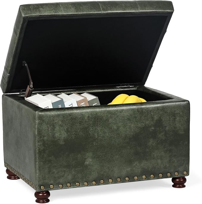 Joveco Storage Ottoman Rectangular Tufted Upholstered Ottomans with Rivet, Footrest Footstool Seat with Wood Legs for Living Room Bedroom (Black Green)