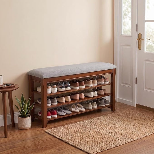 Solid Wood Shoe Bench, 47.2'' Shoe Rack for Entryway Storage | 550 lbs Max Load, Flip-Top Soft-Close Lid, Adjustable Shelves, Cushioned Entryway Shoe Rack Organizer, Tool-free Assembly