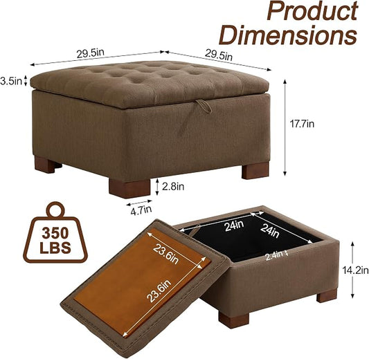 WUTUTUEE 30" Fabric Square Storage Ottoman with Wooden Tray, Modern Tufted Button Footstool Coffee Table, Upholstered Large Ottoman for Living Room, Bedroom, Brown