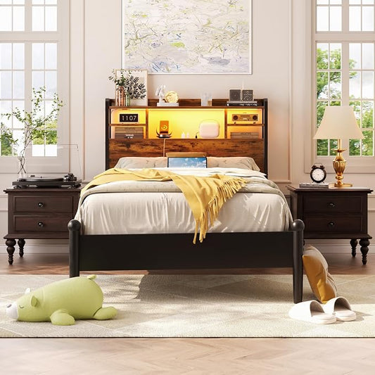 Aheaplus Headboard for Twin Size Bed with Storage, Headboards with LED Light, Power Outlets, USB Ports Twin Size Head Board, Wood headboard Only Sturdy and Stable Headboards, Rustic Brown