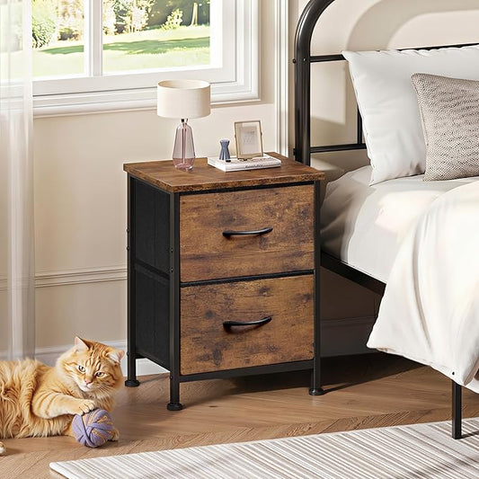 WLIVE Night Stand, Small Dresser with 2 Drawers & Wooden Top, Nightstand with Fabric Bins, Bedside Table End Table for Bedroom, Closet, Entryway, College Dorm, Rustic Brown