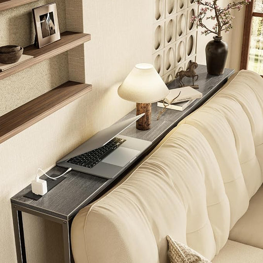 SUPERJARE Console Table with Outlet, 63 Inch Sofa Table with Charging Station, Narrow Hallway Entryway Table, Behind Couch Table Skinny for Entryway, Living Room, Plants, Charcoal Gray