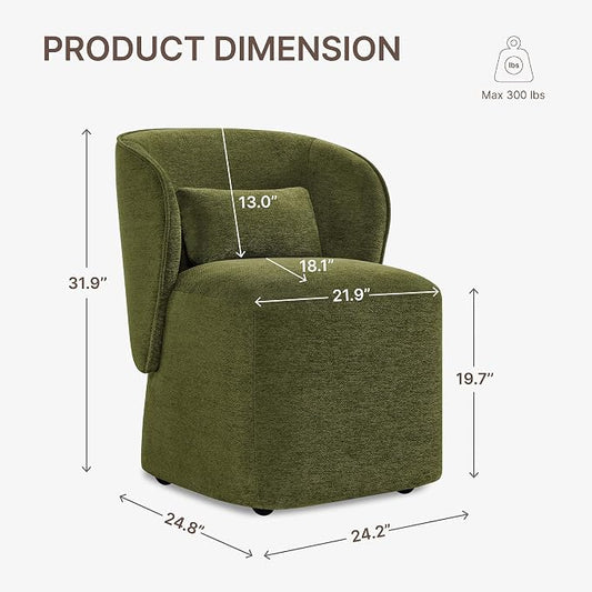 KISLOT Upholstered Dining Chairs with Wheels, Easy Assembly Stain Resistant Fabric Modern Barrel Armchair with Lumbar Cushion, Dining Room Chairs for Kitchen Living Room Bedroom, Green, Set of 1