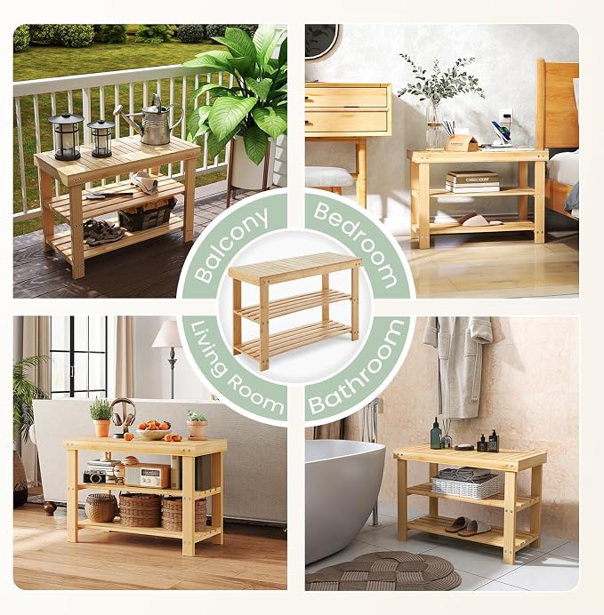DUMOS Shoe Rack Bench with Storage, 3-Tier Bamboo Entryway Benches, Wooden Shoe Rack Holds Up to 286 lb Storage Organizer, Suitable for Bedroom Living Room Balcony, Classical Wood