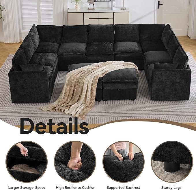 130" Black Oversized Modular Storage Sofa, U Shaped Chenille Cloud Couch | Oversized Convertible Sectional Sofa, 9-Seat Sectional Couch With 2 Ottomans, Large Cloud Couch For Living Room, Apartment.