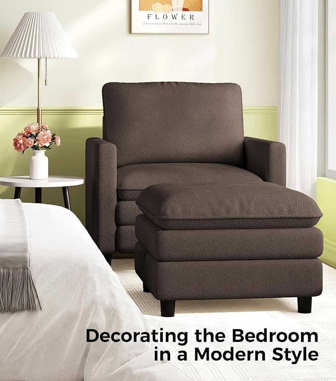 Welzona 3-Layers Cloud Accent Chair with Ottoman, 33" Comfy Reading Chair for Bedroom, Living Room, Tool-Free Assembly with Teddy Fabric Arm Chairs and Ottoman Set, Brown, Removable Washable Cover