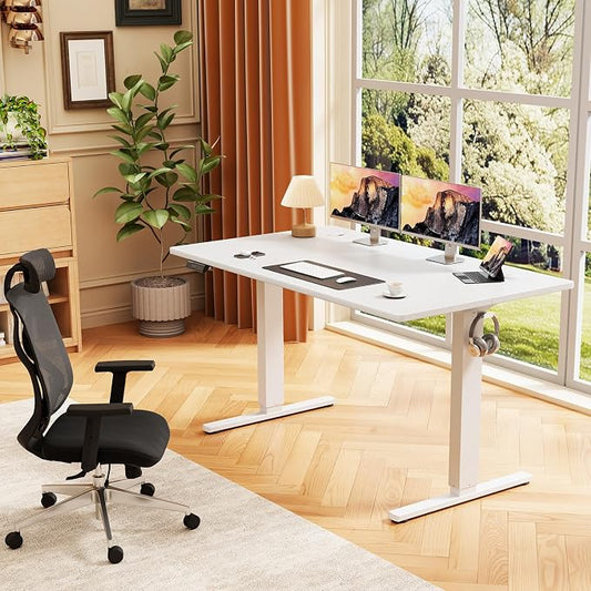 Sweetcrispy Electric Standing Desk Adjustable Height, 48x24 Inch Sit Stand Up Home Office Desks Computer Workstation PC Work Table with 3 Memory Preset Splice Wood Board Metal Frame, White
