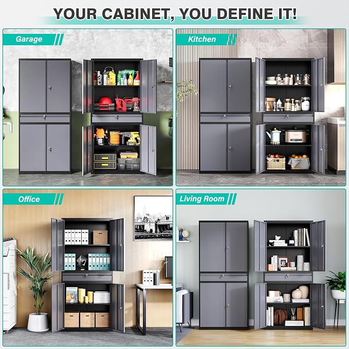 Metal Storage Cabinet with Doors and Shelves,Garage Storage Cabinets with Lock and Drawer,Metal Cabinet with Locking Doors,4 Door Steel Cabinet,71" Tall Lockable Cabinets for Garage,Home,Office