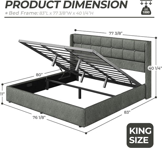HISOFT King Size Lift Up Storage Bed Frame, Linen Upholstered Platform Bed with Wingback Headboard, Heavy Duty Hydraulic Gas Lift Underbed Space, Reinforced Full Metal Slats, Noise Free, Grey