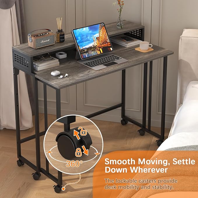 Gezen Folding Desk with Storage Shelf, Small Rolling Desk with Wheels, Mobile Sofa Side Table Bed Desk for Home Office Small Space, Dark Grey, 39.4"