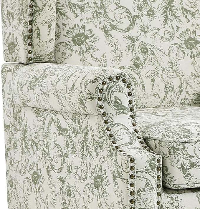 High Back Accent Chair, Fabric Upholstered Armchair for Living Room, Floral Printed Wingback Arm Chair with Solid Wood Legs, Retro Nailhead Trim Single Sofa Bedroom Reading Seat - Rococo Green