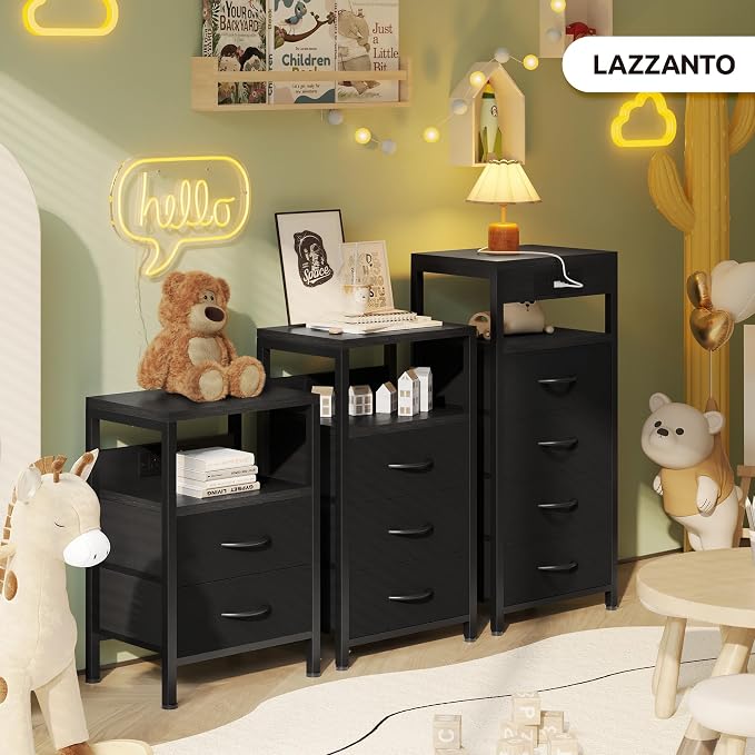 Lazzanto NightStand Bedside Charging Table Bedroom - Night Stand with Charger Station, Black Modern Bed Side End Table with Open Shelf & 3 Fabric Drawers, USB-C Port for Dorm, Living Room