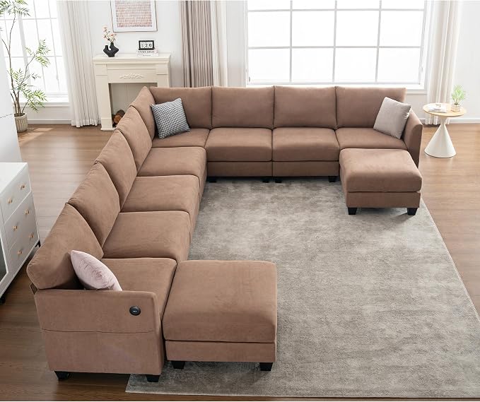 150.4" Large Sectional Couches for Living Room, 8 Seater L Shaped Modular Sectional Sofa with Two Storage Ottomans & USB, Oversized Corner Couch for Living Room(Brown)