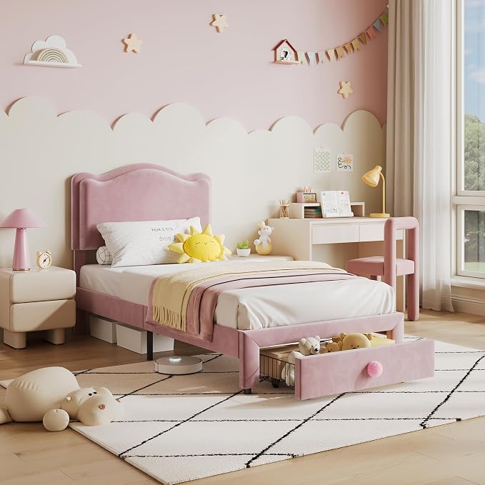 GarveeHome Upholstered Twin Bed Frame with Storage Drawer & Scallop Headboard, Princess Twin Size Platform Bed Frames for Kids Girls, Wooden Slats Support, No Box Spring Needed, Pink