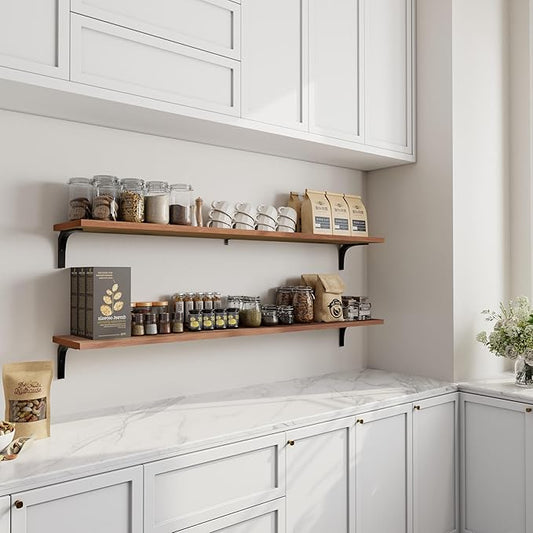 12 Inch Deep Floating Shelves Set of 2, 60 Inch Extra Wide Brown Solid Wood Wall Shelves, 5ft Heavy Duty Farmhouse Wall Mounted Shelving for Kitchen, Living Room & Bedroom