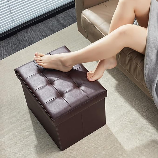 Bsketa Storage Ottoman Foot Rest Stool, Small Leather Storage Ottomans Bench, Folding Foot Stool with Handles Lid, Foot Rest Under Desk for Living Room Bedroom, 17x13x13 in, Brown