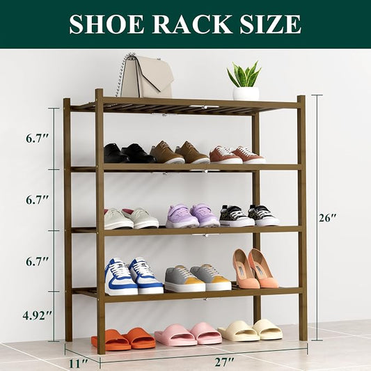 Smiry Bamboo Shoe Rack, 4 Tier Free Standing Wooden Shoe Organizer, Stackable Wood Shoe Storage Shelf for Closet, Entryway, 14 Vertical Slats, 2+2 Stack Heavy-Duty Legs, 26.8"x11"x26", Walnut