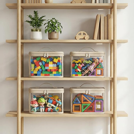 holay 4 Pack Clear Toy Storage Bags with Zipper & Handle, Board Game Bins | Reinforced base stands upright; clear PVC front; holds toys, board games & busy bags; foldable for playroom & travel