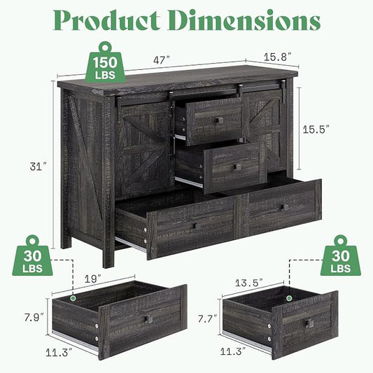 AMERLIFE 3-Piece Farmhouse Furniture Set with Sideboard Cabinet and 2 Nightstands, Sliding Barn Door Wood Storage Cabinet Set for Bedroom, Black Oak