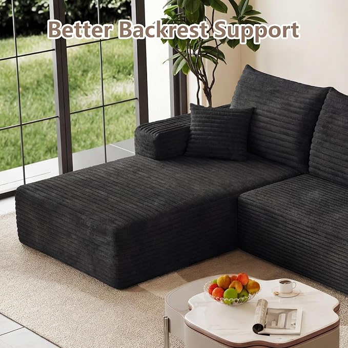 95" Cloud Sectional Couch U-Shaped Chaise with Ottoman, Corduroy Boneless Couch for Living Room Bedroom, Deep-Seat Upholstered Modular Cloud Sofa, No Assembly Required (Black, Left Facing Chaise)