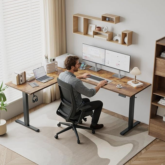 Klicelor L Shaped Standing Desk 73 x 60 Inch, Electric Height Adjustable Corner Desk for Home Office Workstation, Ergonomic Sit Stand Computer Table with Memory Controller, Rustic Brown