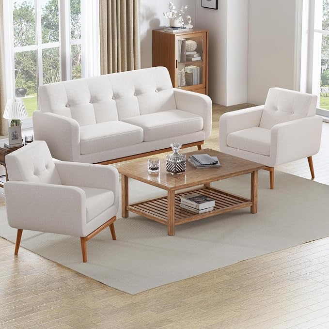 HUIMO Sofa Couch, Mid Century Modern Sofa with Solid Wood Frame, Button Tufted Couch for Bedroom, Living Room, Office, Apartment (White, 60 inch)