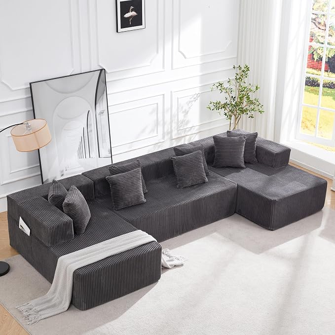 HOMREST 131" Boneless Memory Foam Sofa with Chaise Lounge, Comfy Corduroy Deep Seat Modular Sectional Couch, Large U-Shaped Floor Sofa for Living Room & Apartment, No Assembly Required Gray