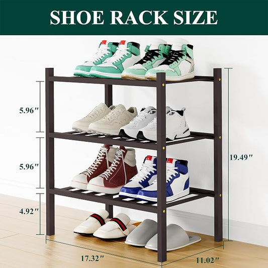 Smiry Small Bamboo Shoe Rack, 3 Tier Free Standing Wooden Shoe Organizer, Stackable Wood Shoe Storage Shelf for Closet, Entryway, 12 Vertical Slats, 2+1 Stack Standard Legs, 17.3"x11"x19.5", Brown