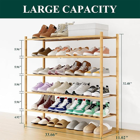 Smiry Long Bamboo Shoe Rack, 5 Tier Free Standing Wooden Shoe Organizer, Stackable Wood Shoe Storage Shelf for Closet, Entryway, 12 Vertical Slats, 2+2+1 Stack Standard Legs, 33.7"x11"x32.5", Natural