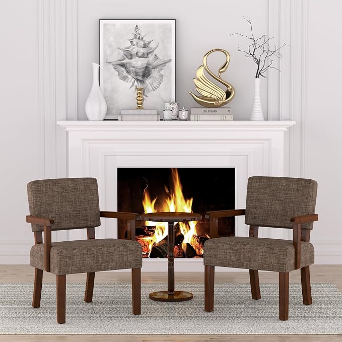 FAGAGA Accent Chair,Armchairs with Solid Wood Frame and Legs,Upholstered Reading Leisure Chair for Bedroom,Office,Waiting Room (Linen, Brown, One Chair)