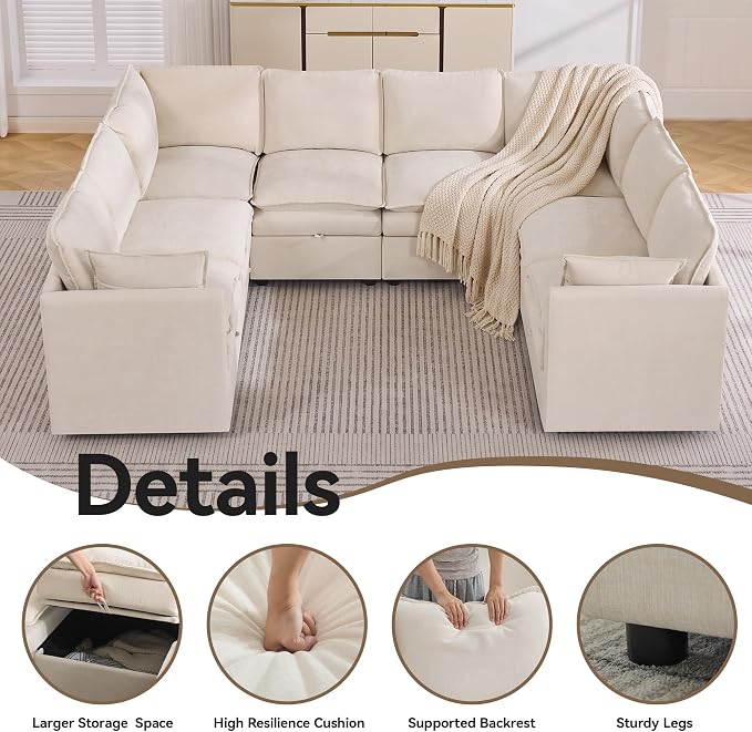 105" Beige Oversized Modular Storage Sofa, U Shaped Chenille Cloud Couch | Oversized Convertible Sectional Sofa, 8-Seat Sectional Couch With Armrests, Large Cloud Couch For Living Room, Apartment.