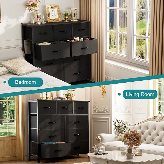 OLIXIS 9 Drawer Fabric Storage Dresser Chest Organizer Unit, Black | Sturdy and lightweight fabric drawers with easy-pull handles. Space-saving versatile organizer for clothes, bedroom