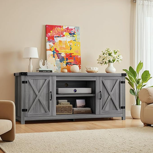 YESHOMY Modern Farmhouse TV Stand with Two Barn Doors and Storage Cabinets for Televisions up to 65+ Inch,Entertainment Center Console Table,Media Furniture for Living Room,Light Grey