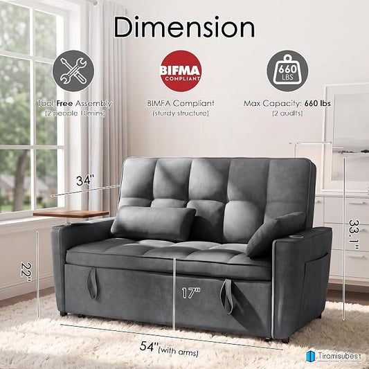 54'' Sleeper Sofa Bed, Convertible Pull Out Couch Futon for for Living Room,Apartment (Darkgrey) Side Desk, USB Ports, Cup Hold, Velvet Fabric, Adjustable Backrest, Easy Assembly