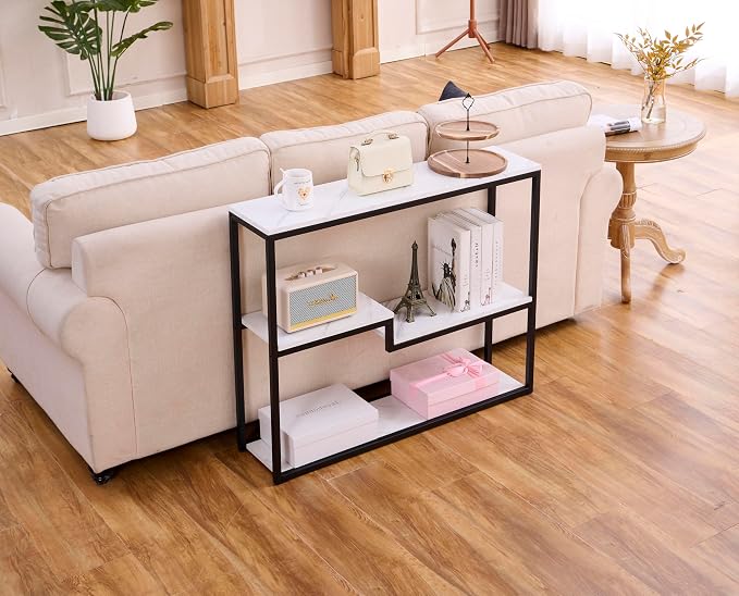 loglus Console Table for Entryway, Faux Marble MDF Sofa Table with Golden Frame, Multilayer, Black Frame, 9.45" D x 38.18" W x 31.22" H