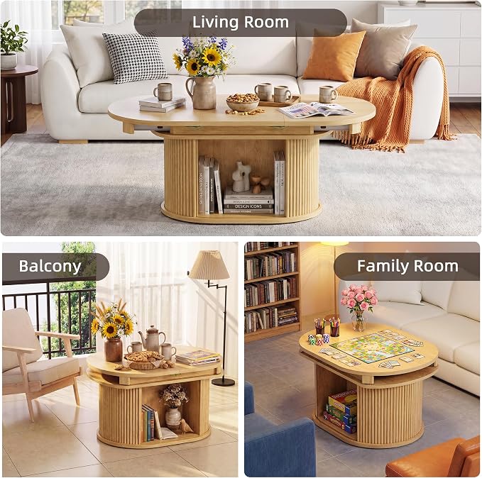 YESHOMY 45.2" Extendable Coffee Table with Storage, Fluted Oval Coffee Table with Sliding Door, Mid Century Modern Center Table for Living Room, Oak