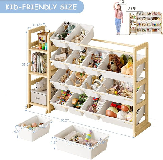 EXPERLAM Toy Storage Organizer, Toy Storage Shelf with 3 Shelves and 16 Storage Bins (12 Small + 4 Large), 3-in-1 Kids Bookshelf for Kids Rooms, Playroom, Nursery, White