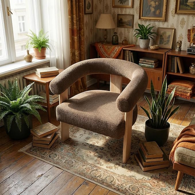 VKNOW Accent Chair Living Room Chair, Modern Upholstered Arm Chair with Solid Wood Legs, Comfy Barrel Accent Chair for Living Room, Bedroom, Brown
