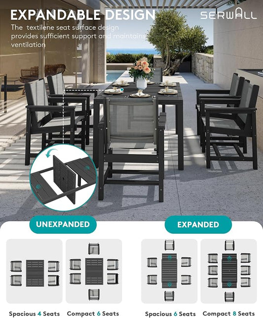 SERWALL HDPE Outdoor Dining Set for 8 with Textilene Chairs, Black | 60" - 83" Aluminum Expandable Patio Dining Table and Breathable Textilene Chairs, All Weather HDPE Patio Furniture Set