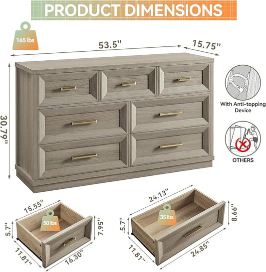 7 Drawer Dresser for Bedroom, 53.5" Wide Wooden Closet Organizers, Modern Chest of Drawers with Metal Handle, Large Storage Dresser TV Stand for Office, Hallway (Grey Oak)