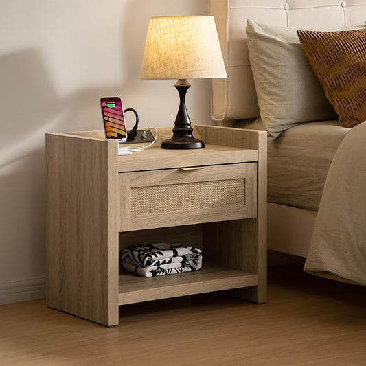 SICOTAS Rattan Nightstands Set of 2 Bedside Table - Boho Night Stand with Type-C Charging Station, Wicker Decor Drawer Storage End Table Night Stands for Bedroom - Light Oak