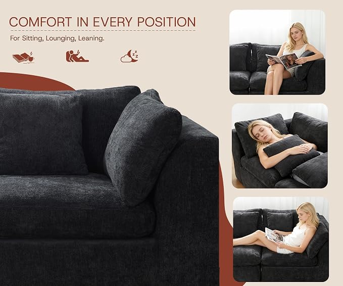 GRUSIGN 141'' Oversized Boneless Cloud Couch for Living Room, Modern Big Sectional Compressed U Shape Couch with 2 Ottoman, Comfy Chenille Deep Seat Memory Foam Spineless 6 Seater Sofa,Black