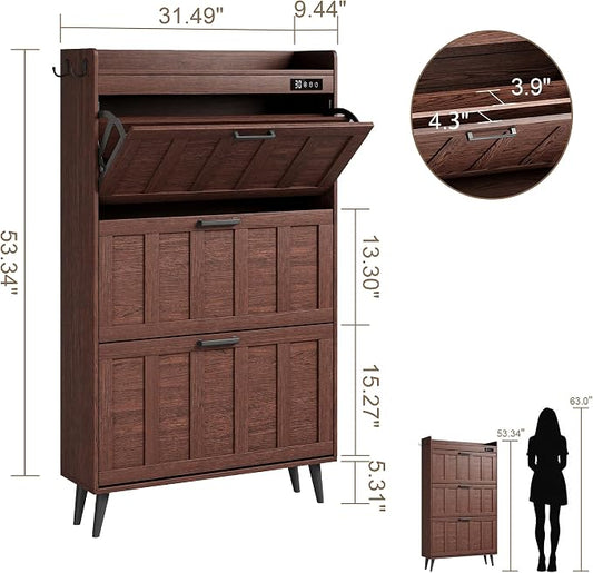 ChooChoo Shoe Storage Cabinet with 3 Flip Drawers, Deodorizing Shoe Organizer Storage for Entryway, Freestanding Hidden Slim Narrow Shoe Rack Cabinet, Walnut