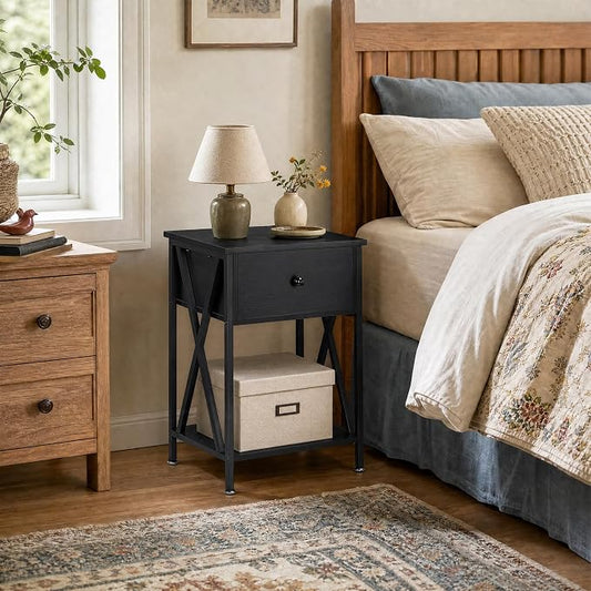 VECELO Nightstands Set of 2, Modern Bedside End Tables, Night Stands with Drawer and Storage Shelf for Living Room Bedroom, Industrial Metal Frame