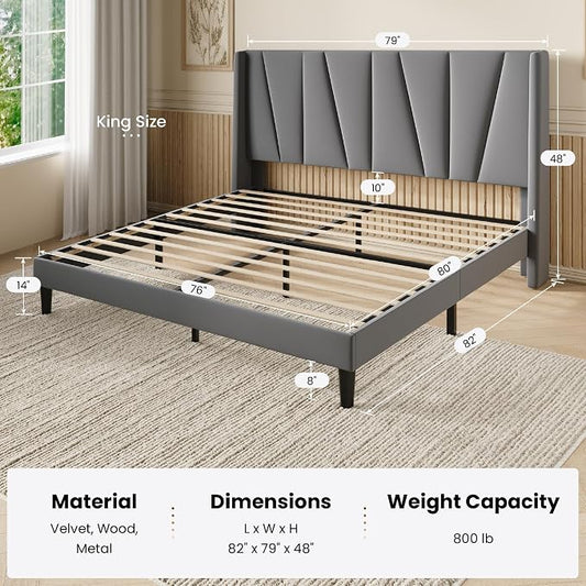 SHA CERLIN King Size Velvet Bed Frame with Geometric Wingback Headboard, Upholstered Platform Bed with Wooden Slats Support, 8" Under-Bed Space, No Box Spring Needed, Easy Assembly Light Grey