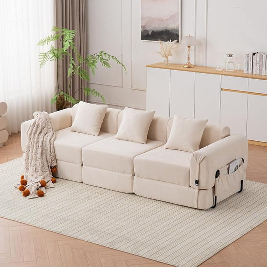 Cloud Modular Sectional Sofa, Foldable Floor Couch Bed, Convertible Sleeper Sofa Bed, Fold Out Boneless Couches for Living Room, Office, Guest Room, Apartment (3 Seater Couch, Beige)