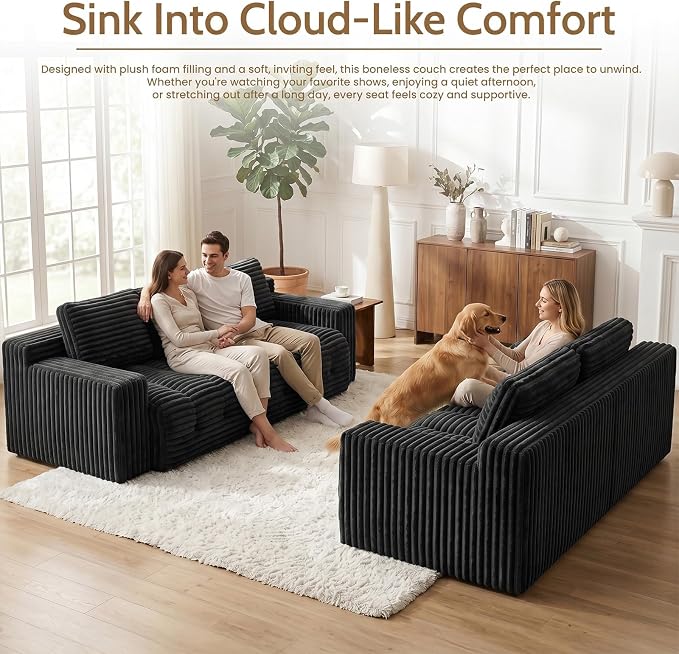 70” Boneless Couch, 3 Seater Sofa Couch with Extra Deep Seats 3 Pillows,Corduroy Modern Small Couch for Living Room, Office, Bedroom, Apartment,Black