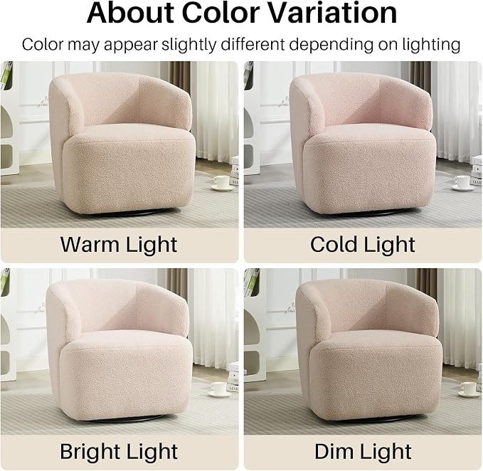 SOFTHION Swivel Accent Chair, Sherpa Teddy Barrel Chair for Living Room, Cozy Round Boucle Arm Chair, Metal Base for Club Nursery Bedroom, Light Blush Pink
