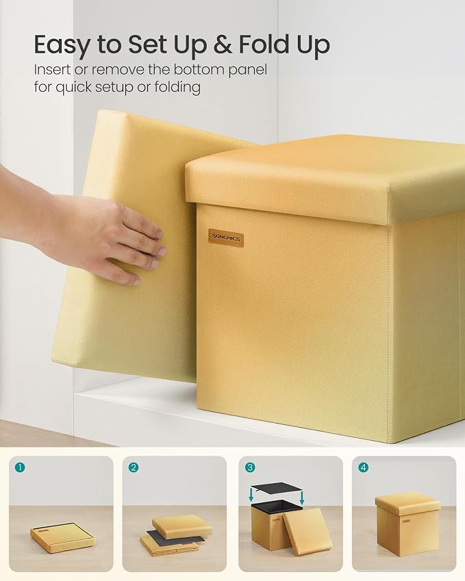 SONGMICS Folding Storage Ottoman Bench, Linen Fabric, Storage Chest, Foot Rest Stool, Holds up to 286.6 lb, 11.8 x 11.8 x 11.8 in, Bedroom Bench, Orange-Gold Ombre, Minota Collection ULSF028X301